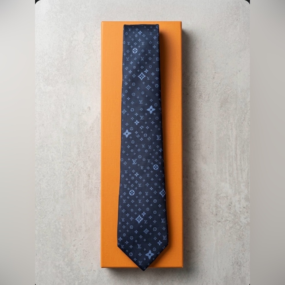 Navy Silk Tie with Light Blue Monogram